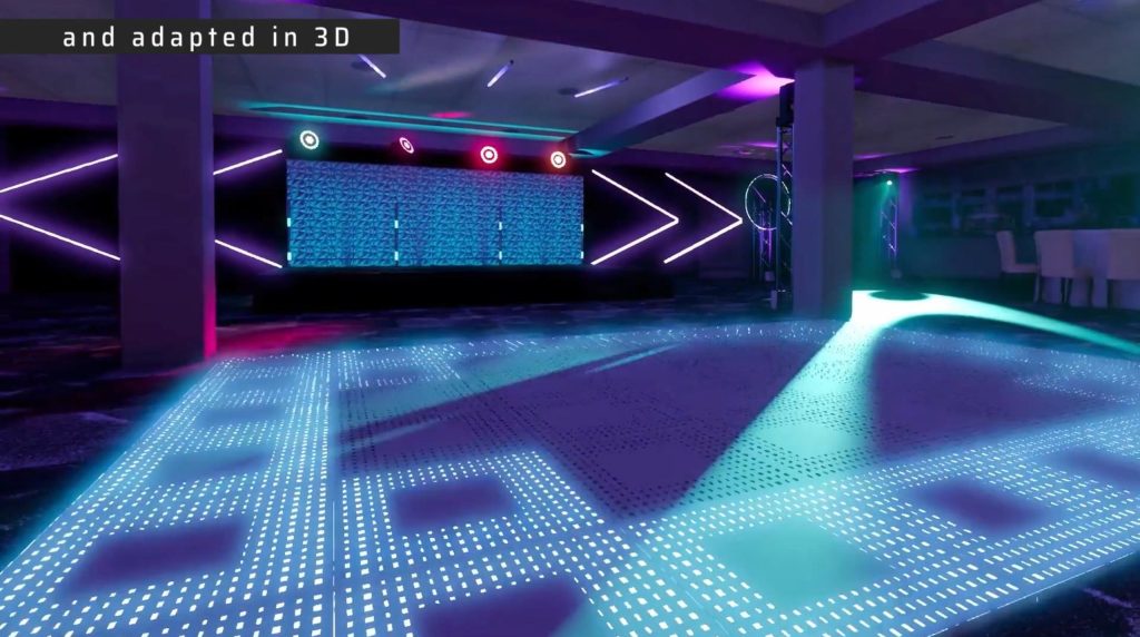 Futuristic-themed corporate event at the 1883 Suite in Stockport County Football Club with LED dancefloor and lighting design