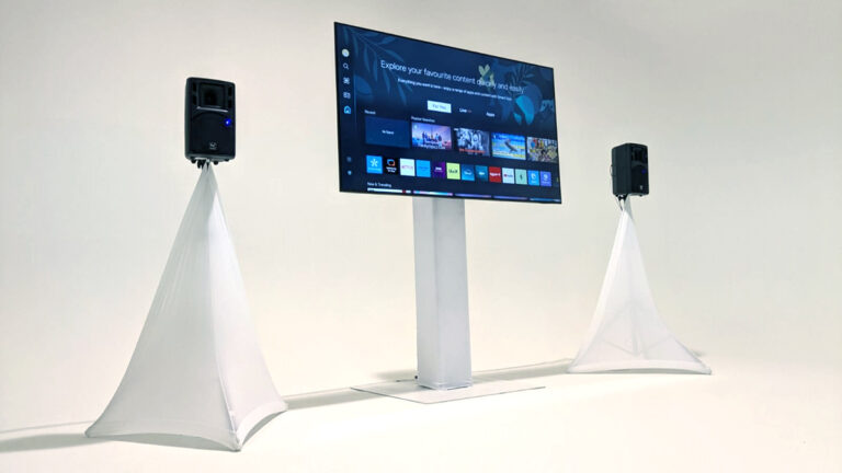 85 Inch TV on sleek white stand